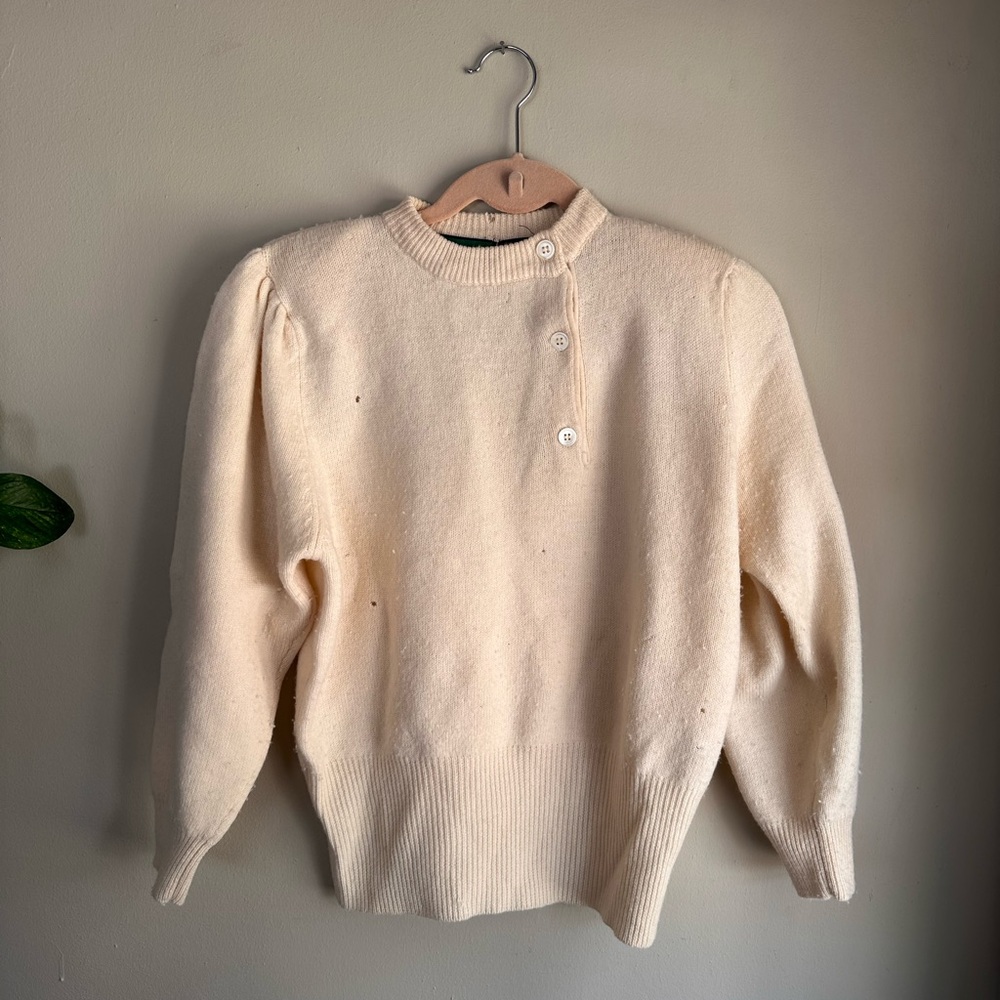 Vintage Lambswool D Buford Ltd London Cream Crewneck Sweater with Button Placket